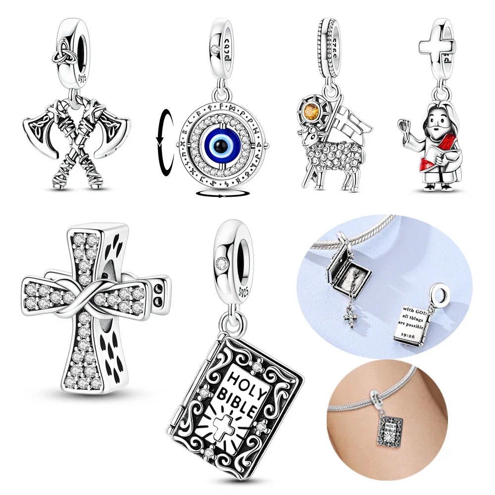 Breloques religieuses en argent plaqué 925 : Pendentifs Œil protecteur, Croix, Perles de la Bible, Agneau, Jésus, Hache pour la création de bijoux et bracelets DIY