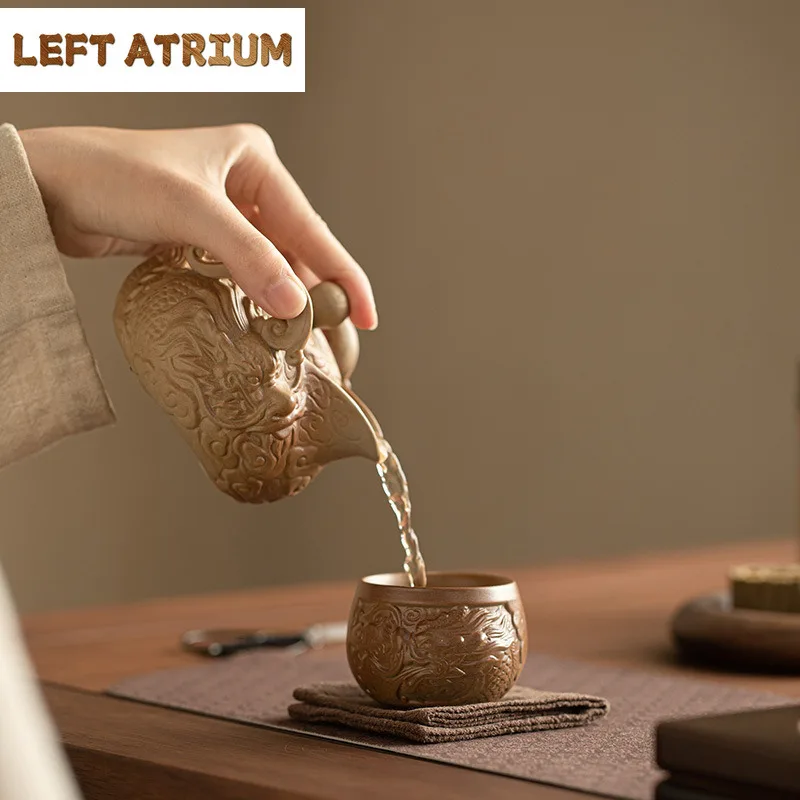 245ml Coarse Pottery Dragon Design Hand Grab Teapot Handmade Tea Infuser Pot Tea Maker Kettle With Filter Teaware Ornaments Gift