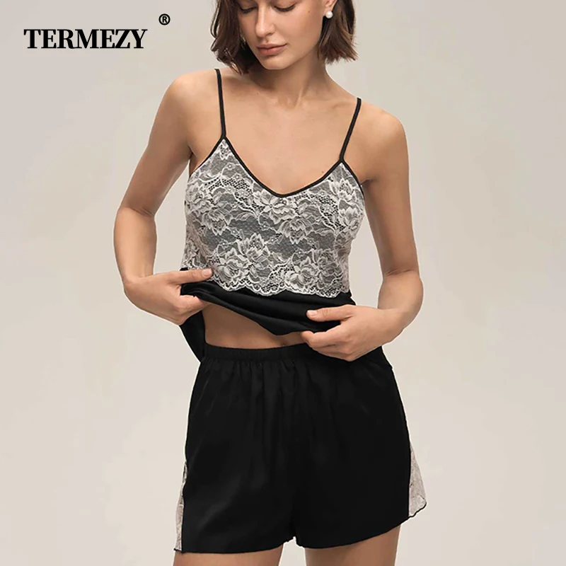 

TERMEZY женский сексуальный атласный пижамный комплект из ледяного шелка, элегантный комплект одежды для сна, дышащая шелковистая ночная рубашка, кружевное прозрачное нижнее белье