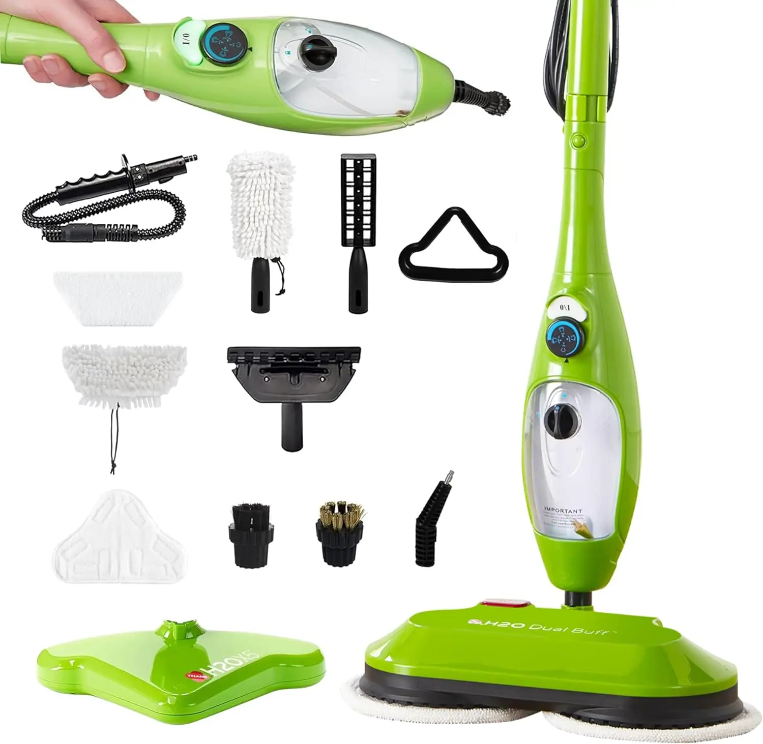 

Dual Buff Steam Mop, 8 in 1 Handheld Steam Cleaner For Floors, Carpets, 2 washable scrub pads, 11 cleaning accessories