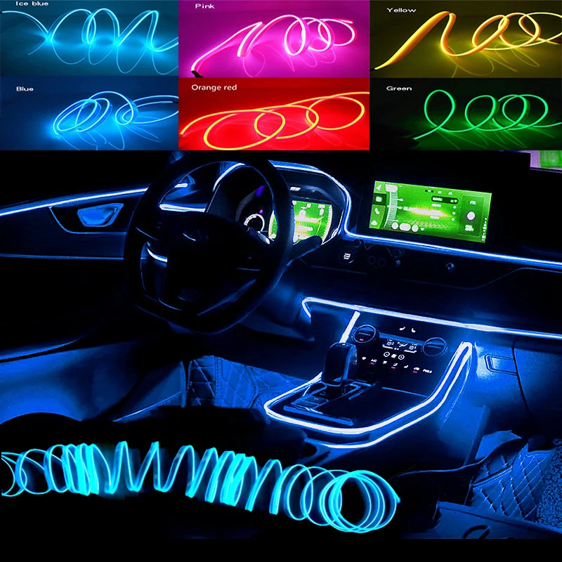 Car LED Strip Interior Decorative Lamps Line Atmosphere Lamp Cold Light Decorative Dashboard Console Ambient Lamp With USB Drive