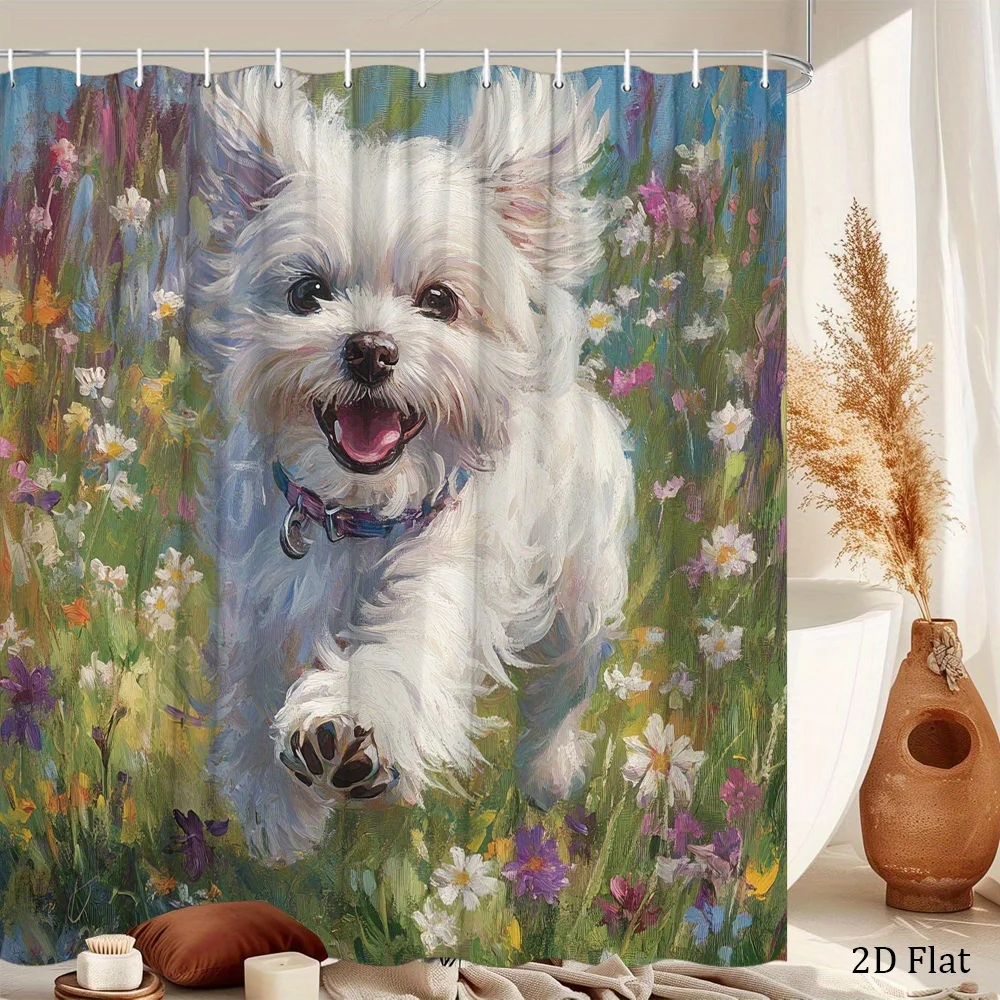 2D Flat, 2D Flat, 1pc of a Cheerful White Maltese Dog Leaping in a Field of Wildflowers Shower Curtain, Colorful Wildflower Scen