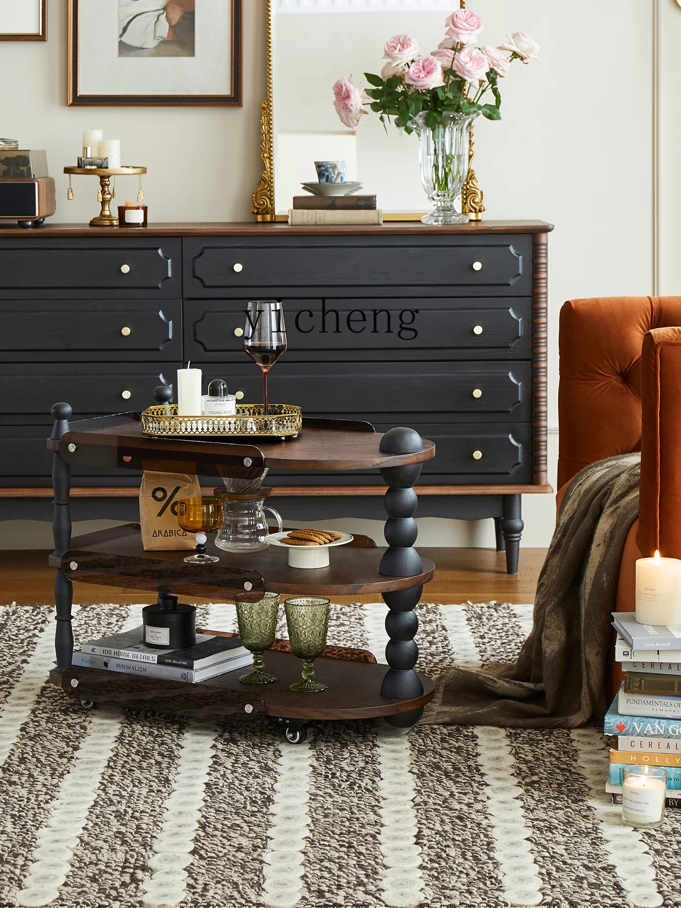 Zk Solid Wood Household Small Apartment Movable Trolley Living Room Sofa Side Table Storage Rack