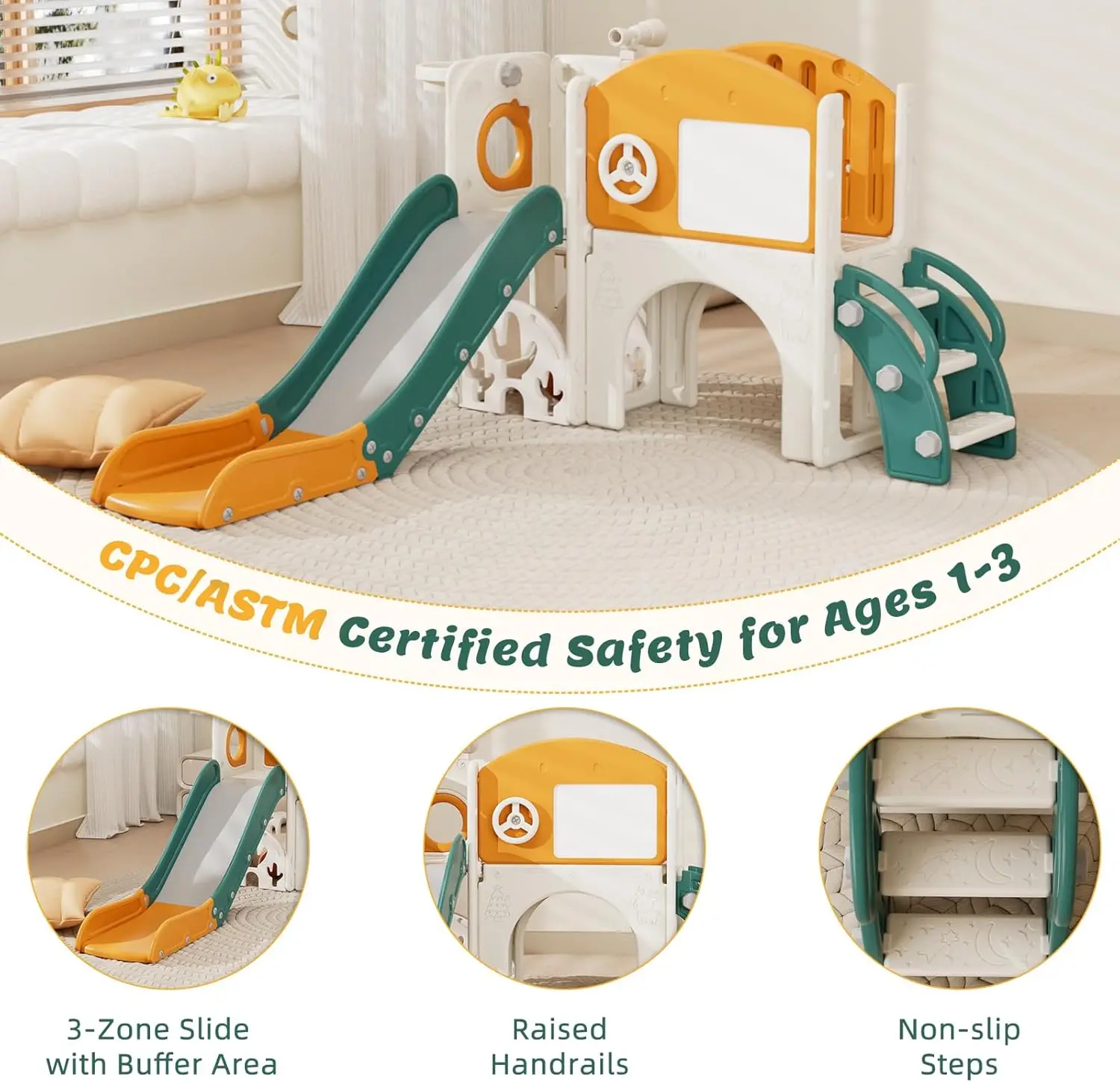 Toddler Playground Playset for 1-3 Year Olds with Golf, Drawing Board, Slide, Basketball Hoop & Storage