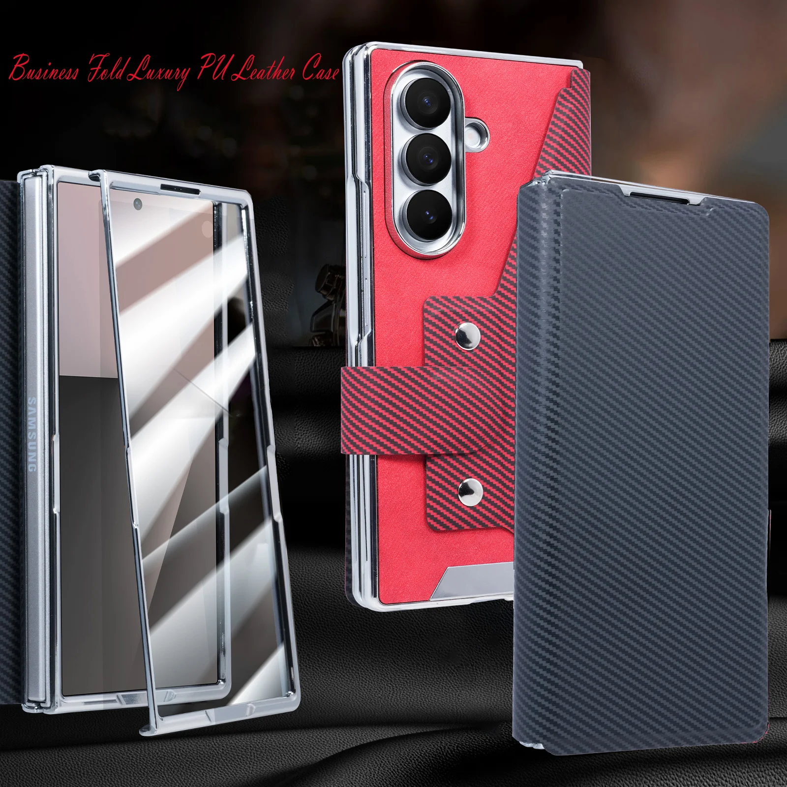 

Роскошный чехол из искусственной кожи с узором из углеродного волокна для Samsung Galaxy Z Fold7 6 5 4 3, чехол для карт, защитная пленка для экрана, противоударный чехол