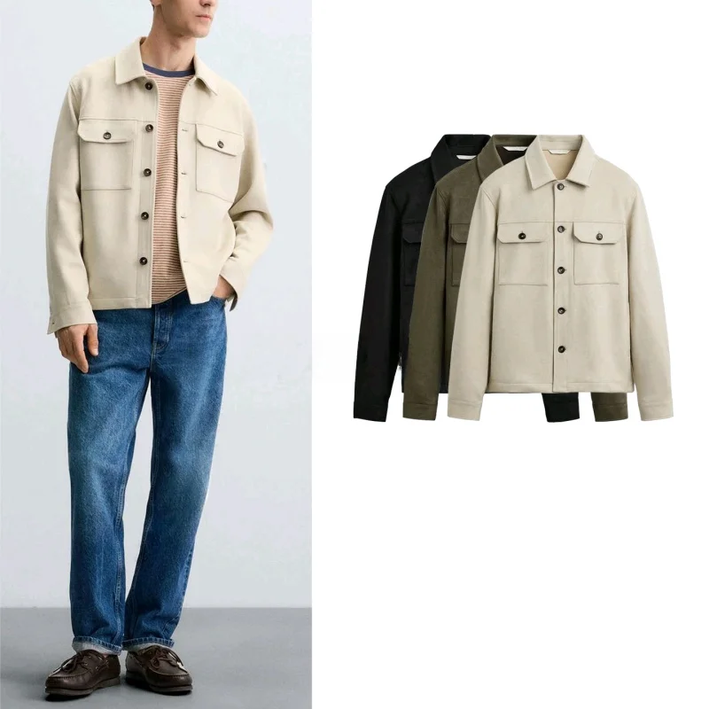

Autumn New Arrival Men's Casual Long Sve Velvet Feel irt Jaet Turn-down Collar Comfortable Polyester Fiber Youth Faion
