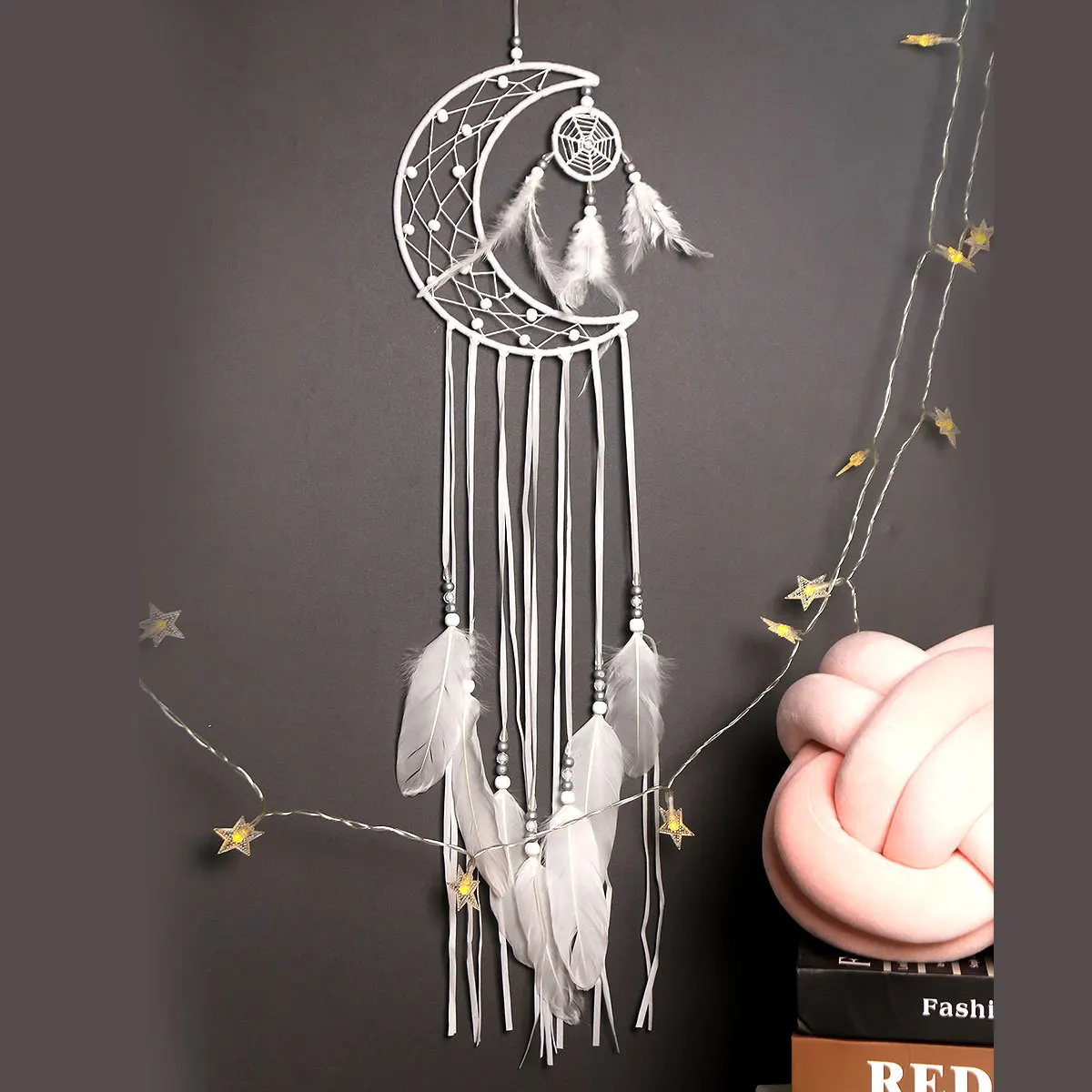 Indian Feather Dreamcatcher Moon Star Wall Hanging DIY Room Decor Handmade Aesthetic Retro Dream Catcher Wind Chime Decoration