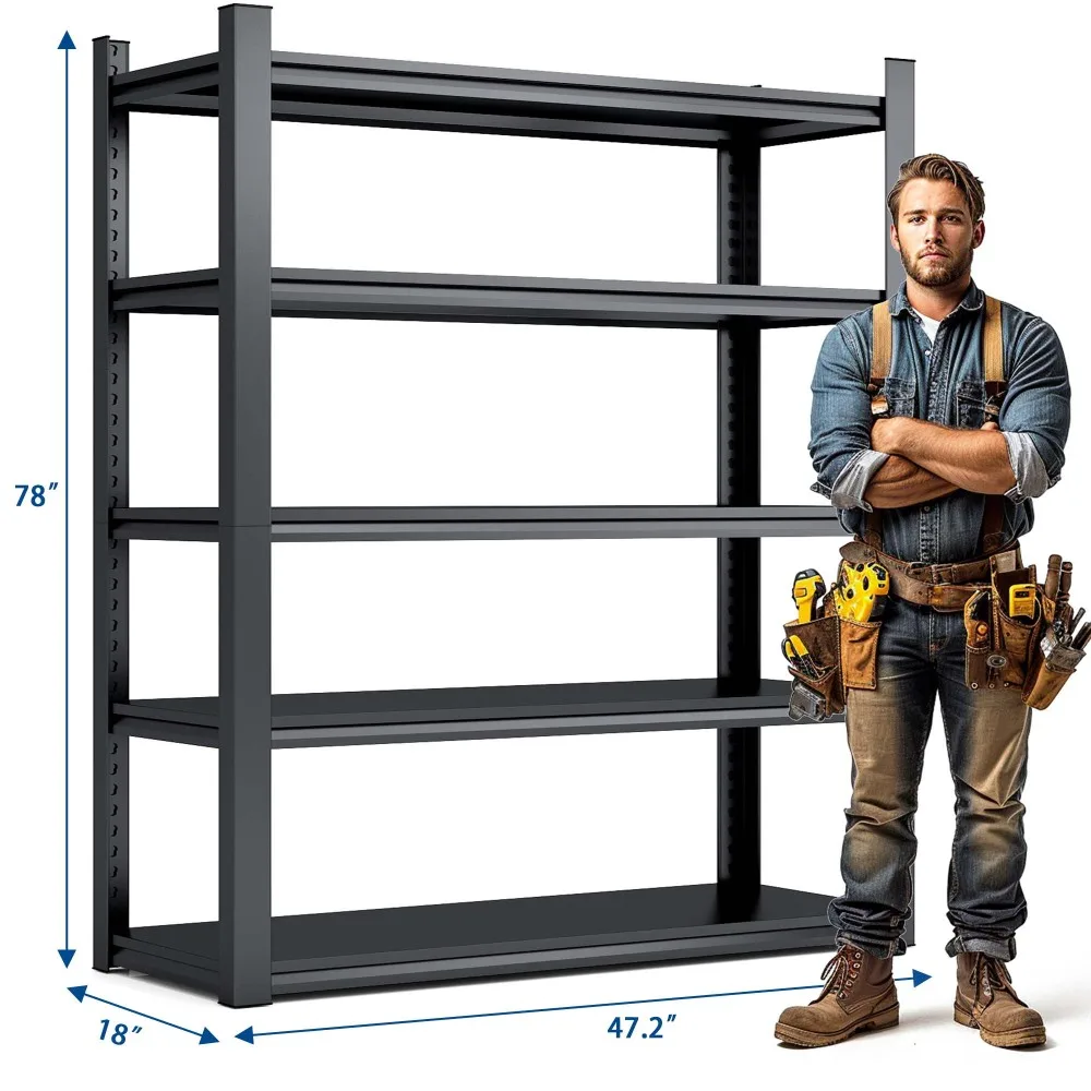 H Étagères Métalliques à 5 Niveaux, Étagères de Garage Réglables, Unité de Rangement Industrielle, Noir, 2000LBS RapDuty, 47.2 "W18" D78 "H