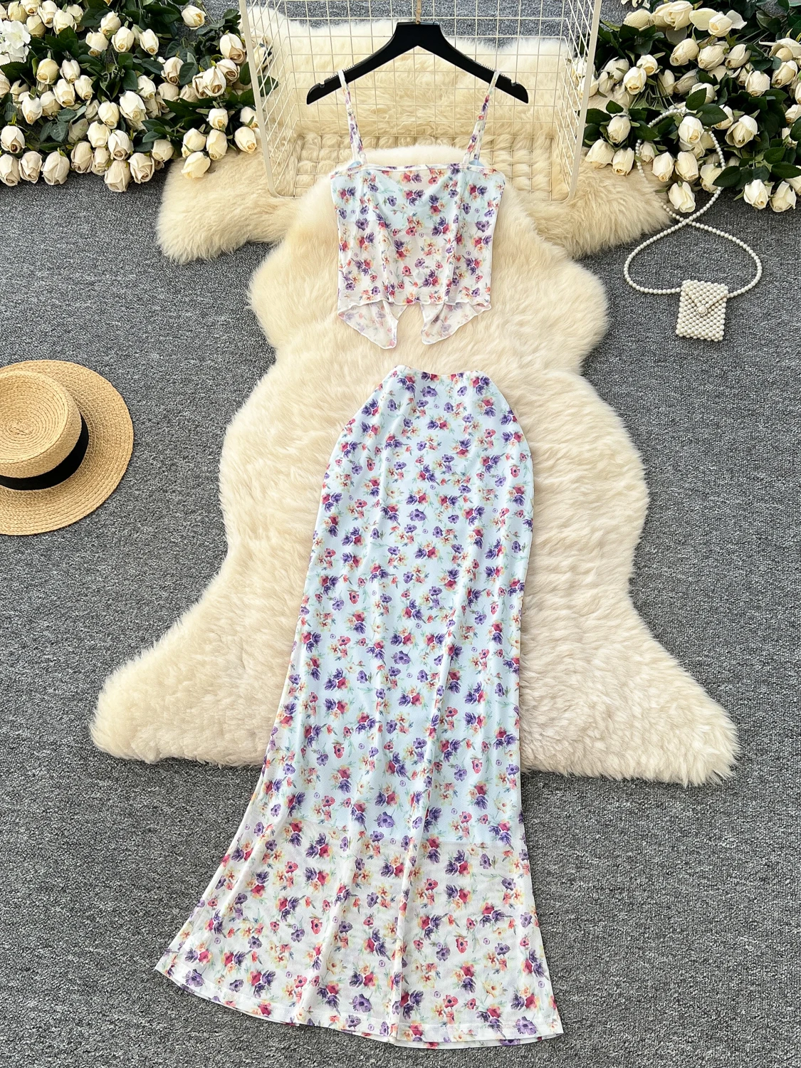 Summer Vaion Women's High Waist Floral ter Vest And  Skirt Two Piece Set Knot Slit Design ort Sve V Ne