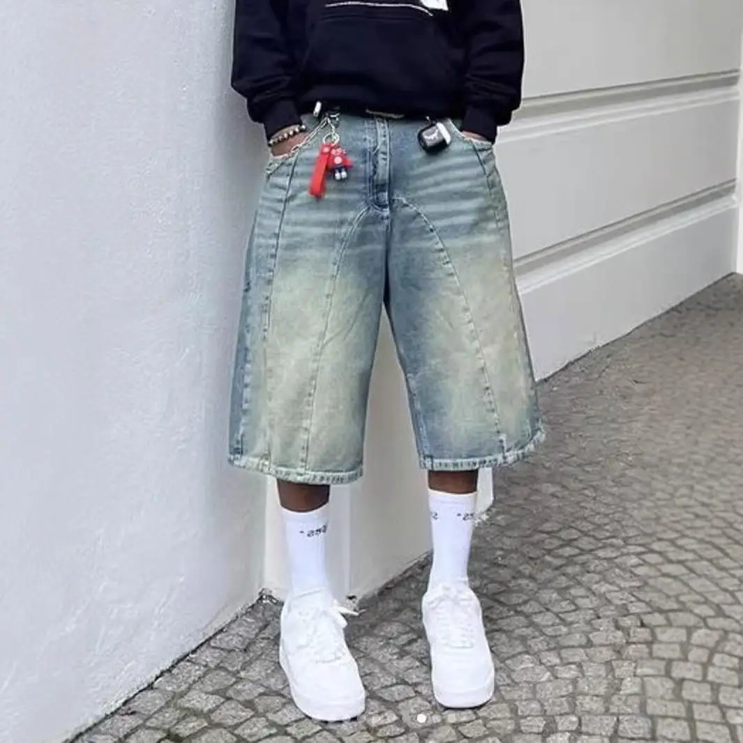 

Wide Leg Jeans Men Calf Length Trousers Mid Waist Vintage Washed Distressed Pockets Streetwear Summer 2025 Straight Denims
