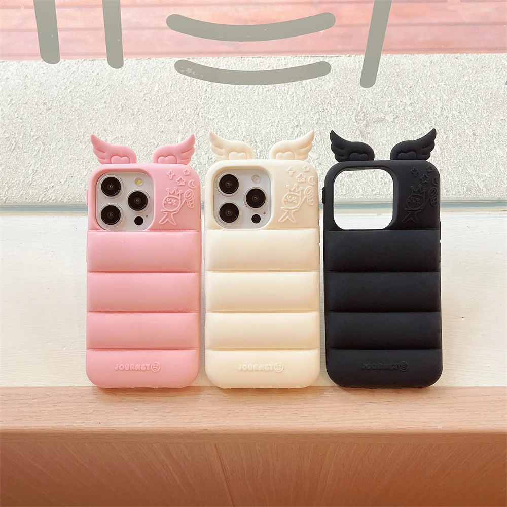 

Retro Angel Wing Phone Case For iPhone16 15 14 13 12 Pro Max Plus Pink White Down Jackets Case Shockproof Soft Back Cover Funda