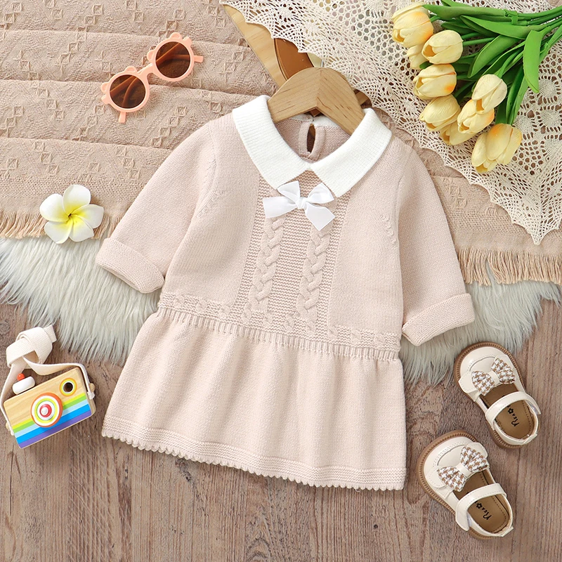 

Cute Baby Girls Dress 1-3Y Turtle Neck Long Sleeve Knit Newborn Infant A-Line Pleated Princess Dresses One Piece Toddler Outfits