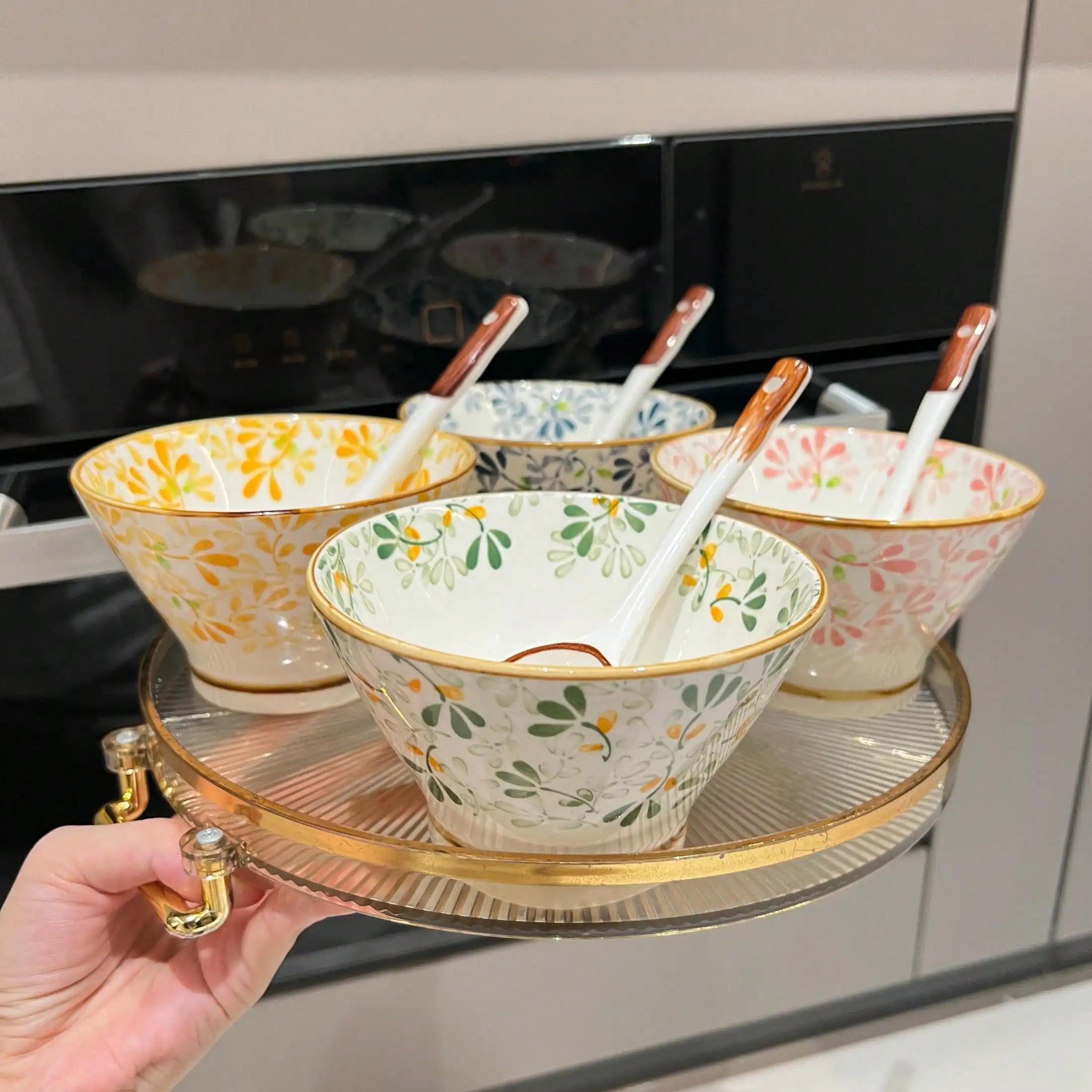 4-Piece Ceramic Rice Bowl Set With Spoons, Featuring Floral Patterns, Suitable For Meals, Hot Pot, BBQ, Camping, And As Gifts. Oven, Microwave And Dishwasher Friendly. Sh2411284884307791