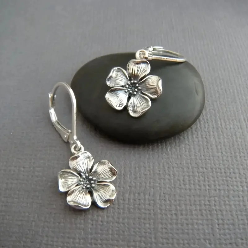 Vintage Silver Color Metal Flower Earrings Minimalist Personality Plants Dangle Earrings for Women Jewelry