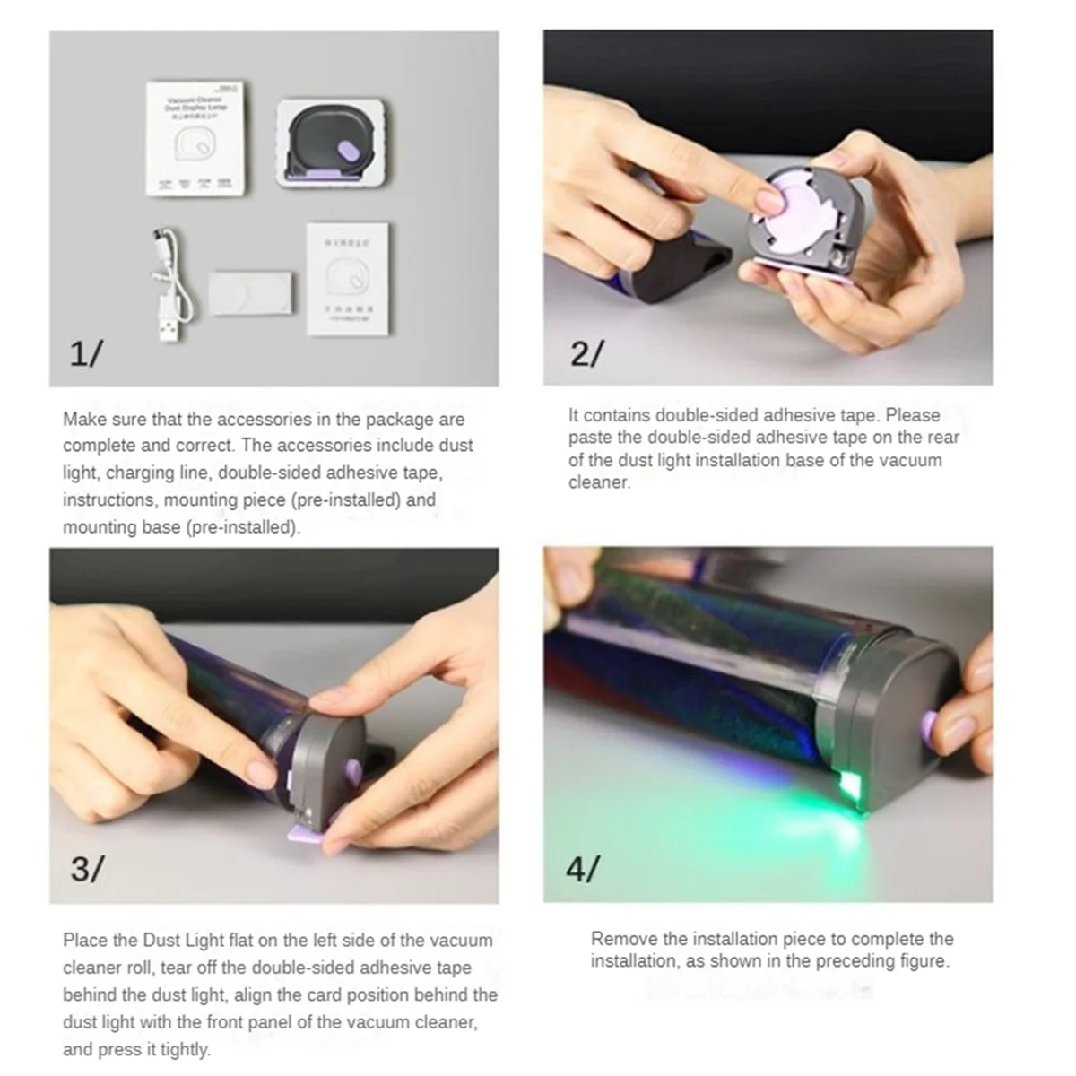 Pantalla de polvo para aspiradora, lámpara LED recargable, elimina el polvo microscópico e ilumina el pelo de mascotas Invisible