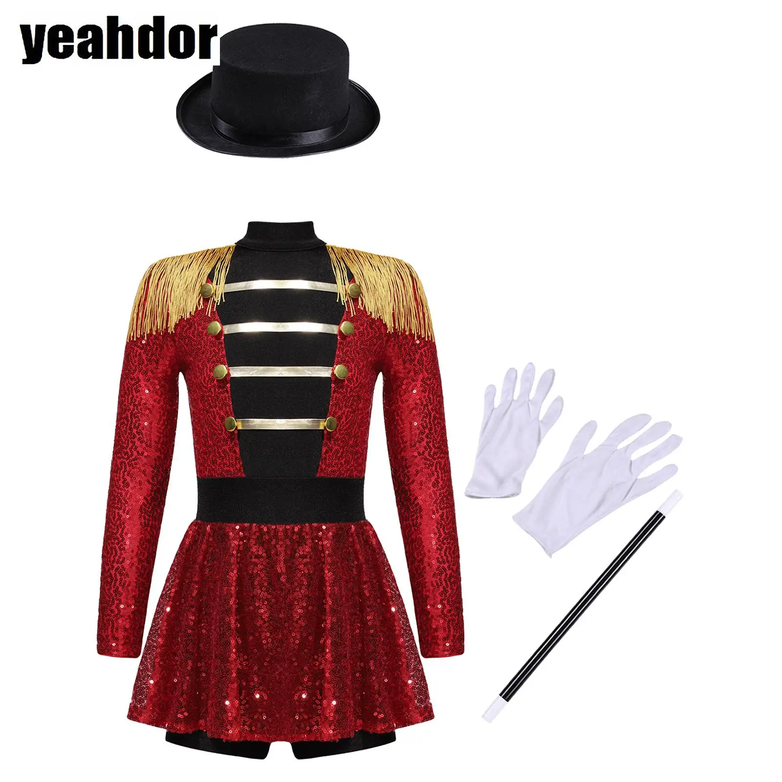 Disfraz de circo Ringmaster para niñas, leotardo de lentejuelas con borlas de manga larga, mono con sombrero, guantes de varita mágica, vestido de Cosplay de Halloween