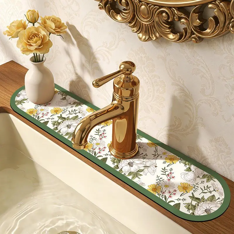 VIKAMA Bathroom Sink Mat Flower Print Water Absorbing Faucet Mat for Vanity Countertop Home Decor