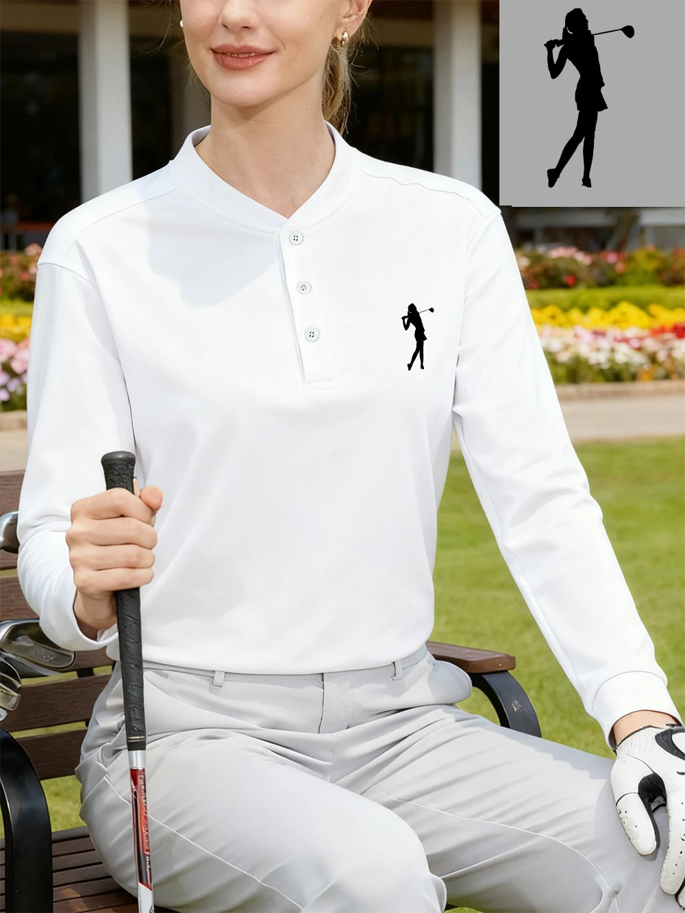 

Golfer Swinging A Club Prints Women Henley Shirt Cotton Autumn Warm Tops Long Sleeved Sporty T-Shirts Basic Casual Woman Clothes