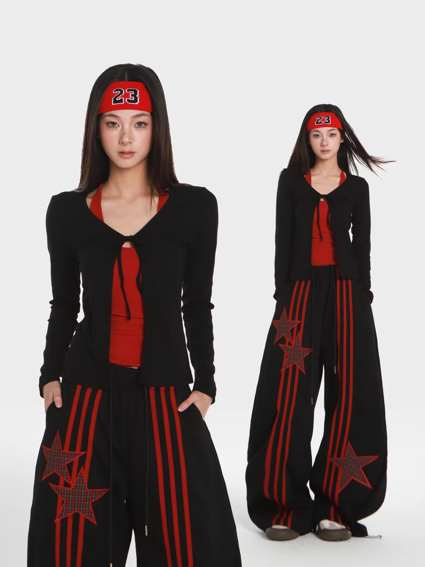 

Комплект спортивной одежды Lin Xiaohua в американском хип-хоп стиле: женские повседневные брюки с черно-красными полосками и цветными вставками, спортивные штаны