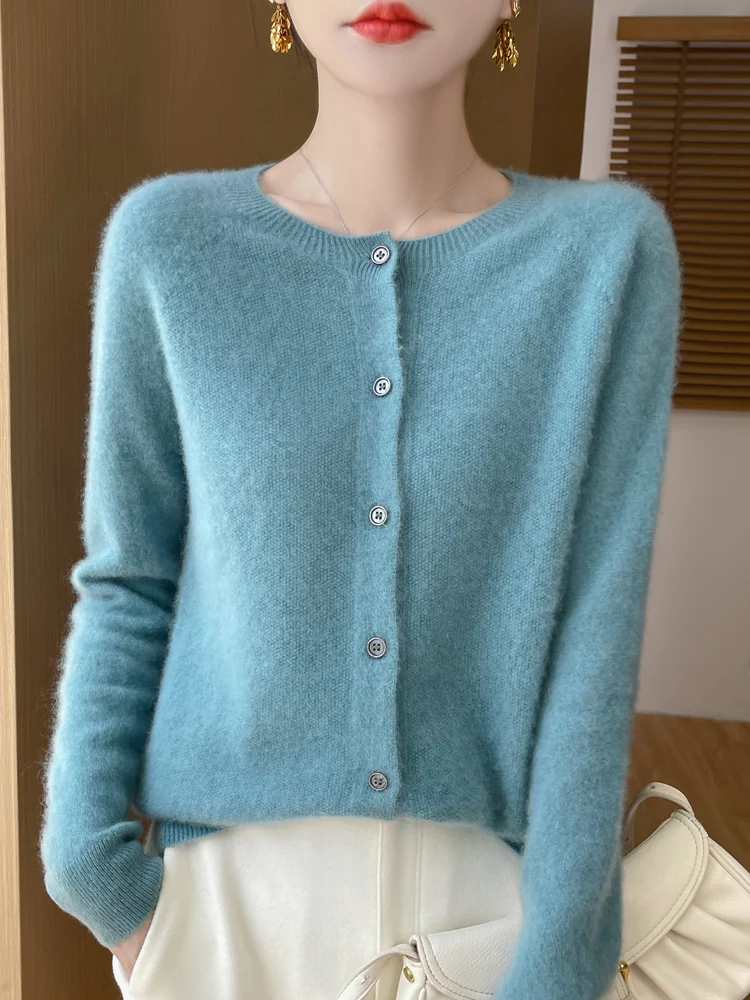 New Fashion Spring 100% Merino Wool Women\'s O-neck Cardigan Cashmere Sweater 2024 Female Clothing Grace Knitwear Korean Tops