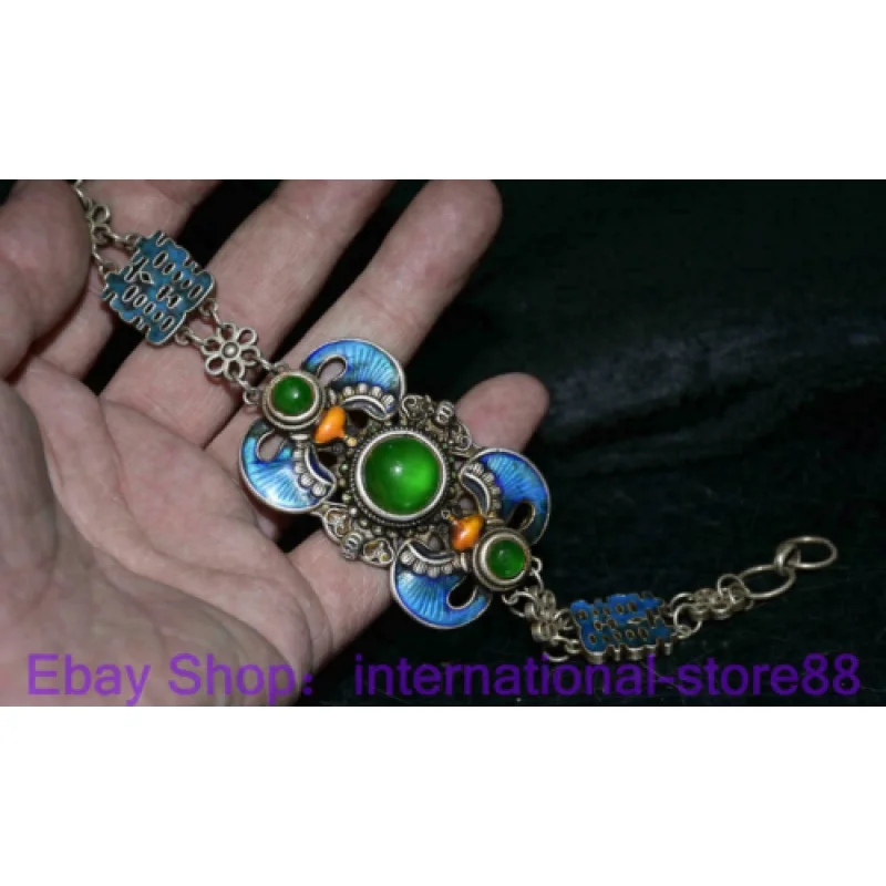 

8.4 Inch Old Chinese Cloisonne Silver Inlaid Emerald Gemstone Dynasty Palace Bracelet