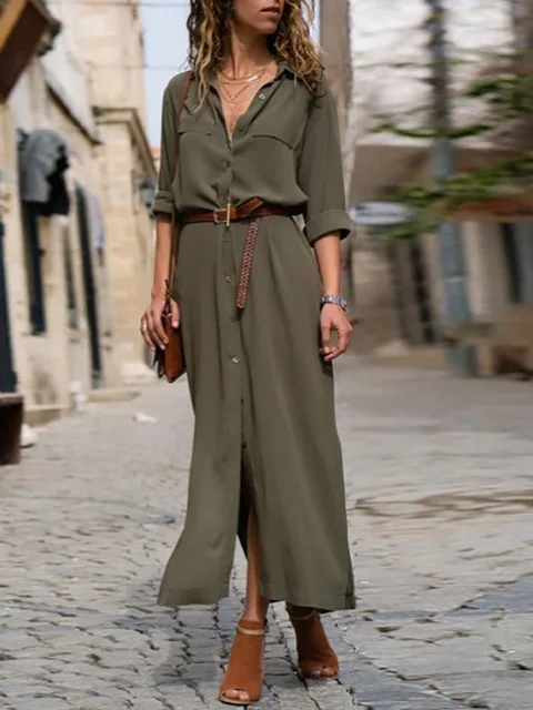 Spring Autumn Buttons Up Side Split Long Dress Women Solid Casual Loose Shirt Dress Ladies Long Sleeve Midi Dresses Vestidos