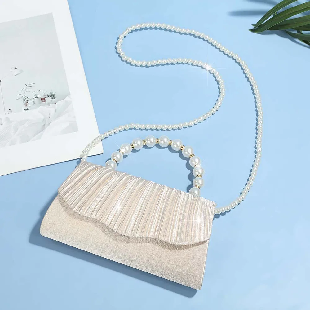 Immagine 4: Pochette da Sera con Manico di Perle, Piccola Borsa in Raso per Donne, Elegante Borsetta da Sposa per Feste, Tracolla