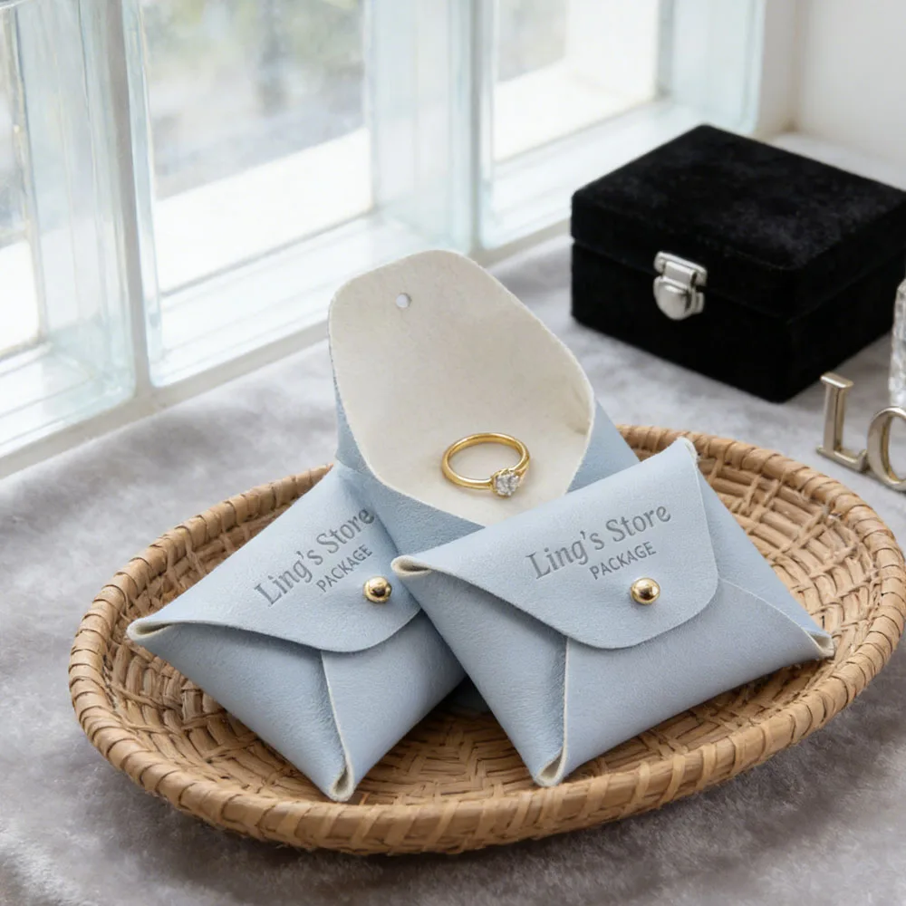 

50Pcs Custom Logo Baby Blue Leather Jewelry Gift Bag Earrings Ring Stud Pearl Necklace Coin Keychain Headset Purse Storage Pouch