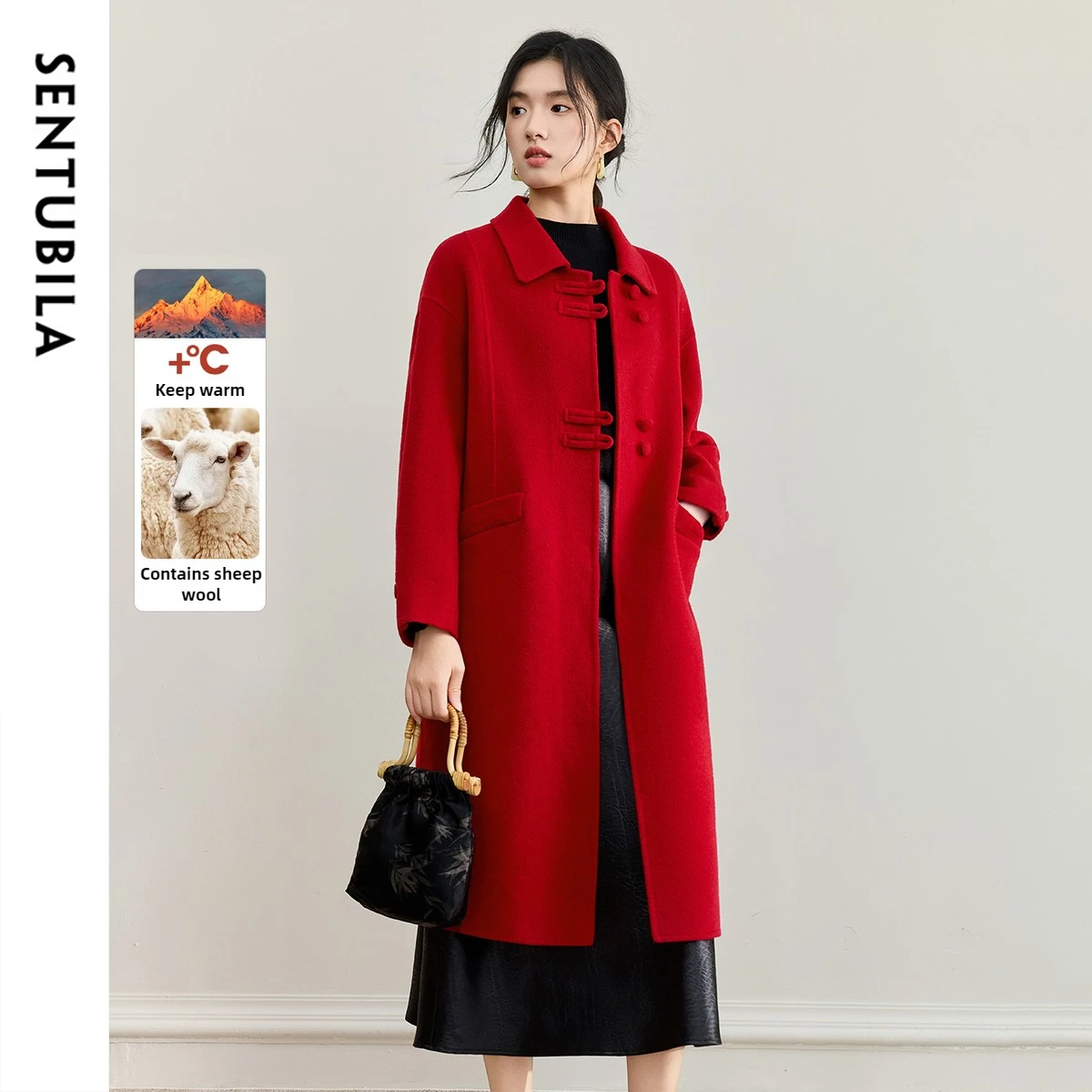 

SENTUBILA женское двустороннее шерстяное пальто 2025, зимнее пальто с отложным воротником и лягушкой на пуговицах, свободная теплая длинная верхняя одежда W54OC3440