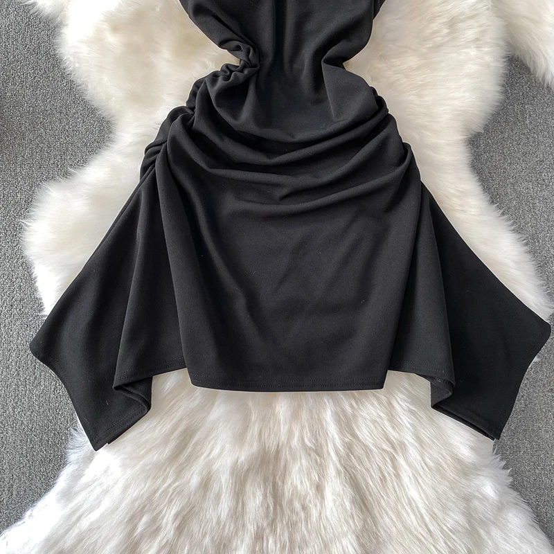 Schwarz Elegante Spaghetti Strap Kleid Frauen Sommer Plissee Dünne Unregelmäßigkeit Party Kleid Weibliche Einfarbig Kurze Slip Kleider