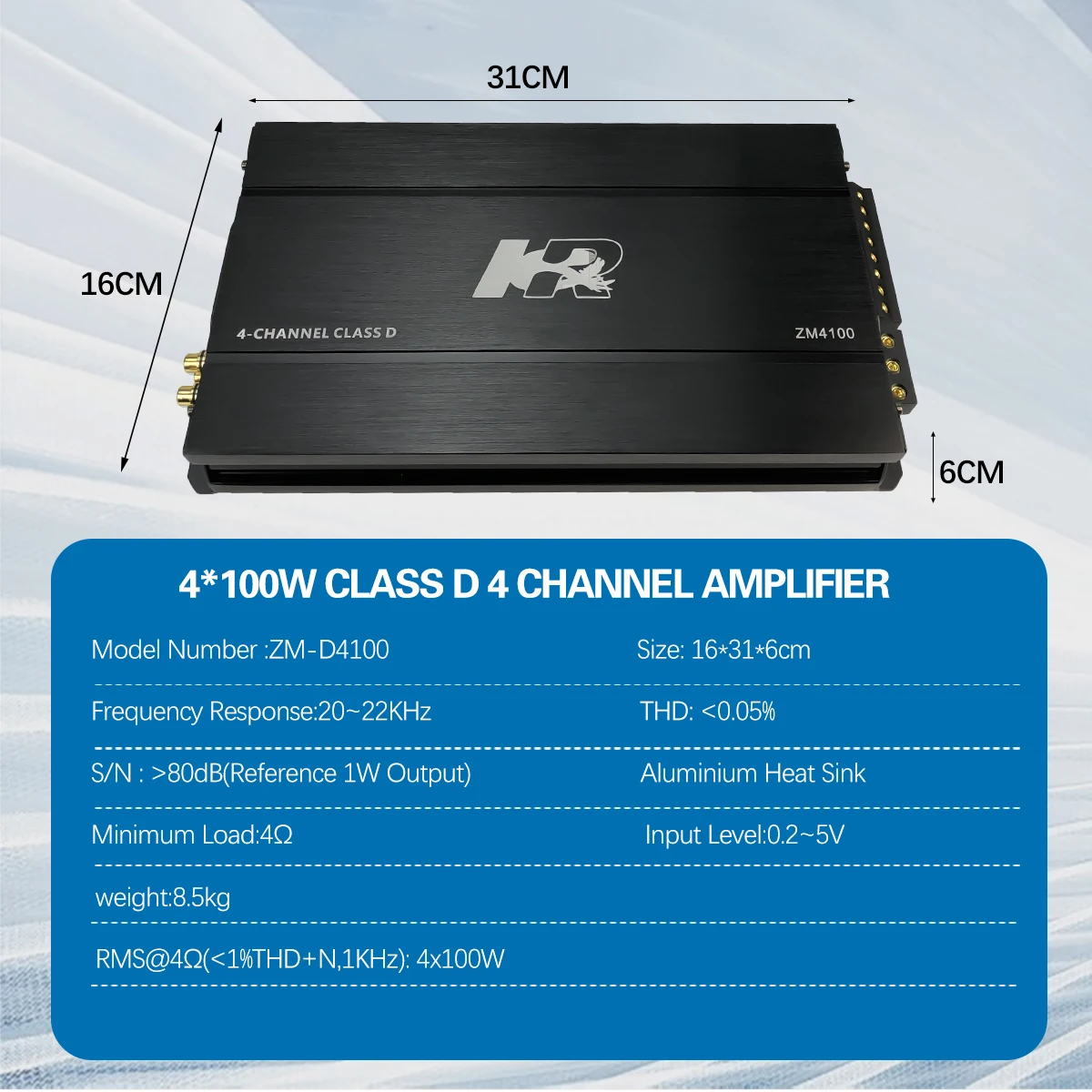 Zeming DT4100 4 Channel Car Amplifier High Power 4*100W Class D Aluminium Heat Sink Car Amplifier for Car Audio Speaker System