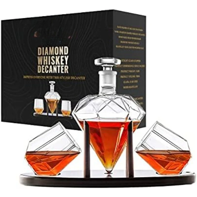 

Whiskey Decanter Diamond shaped With 2 Diamond Glasses & Mahogany Wooden Holder – Elegant Handcrafted Crafted Glass
