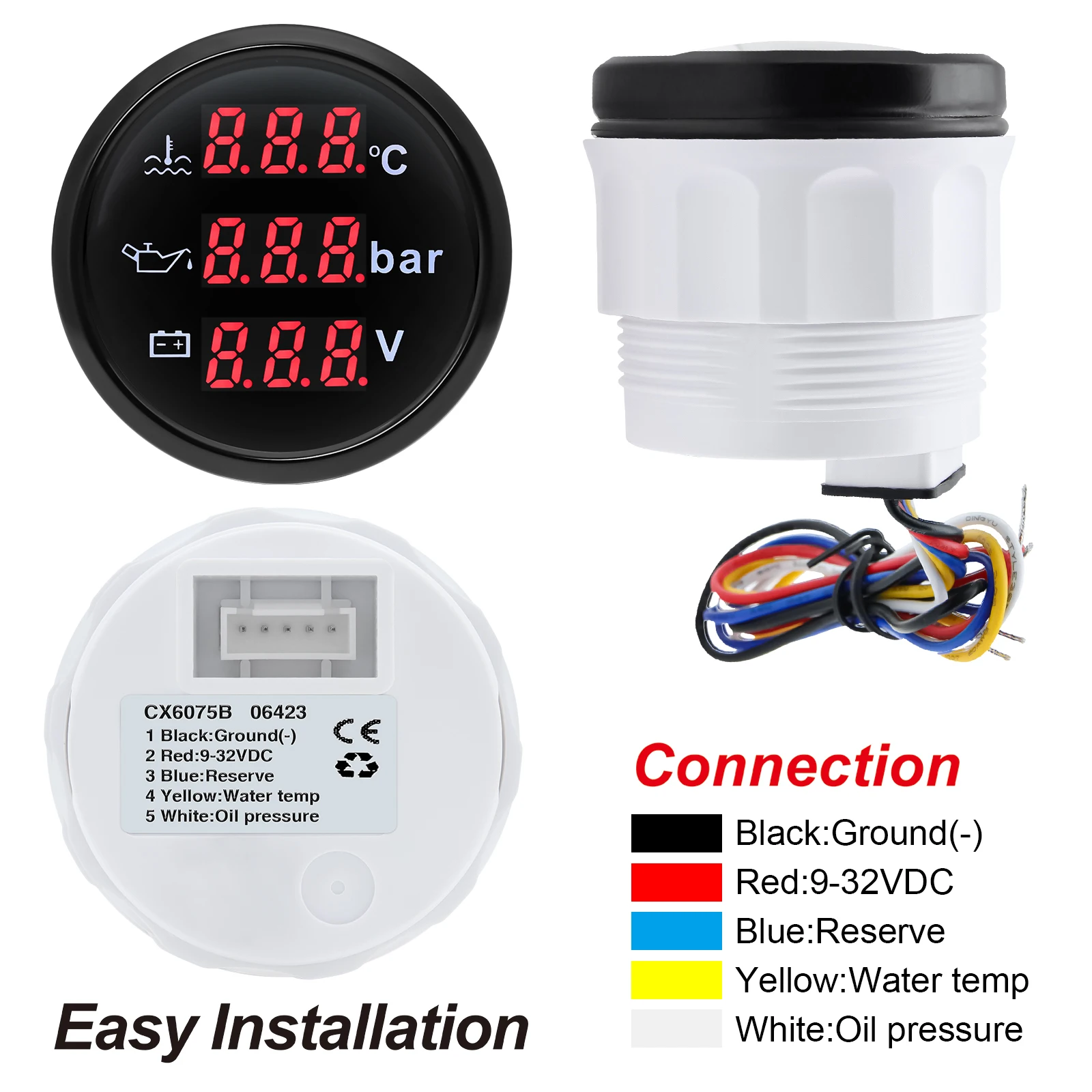 3-in-1 Digitalanzeige 52mm + Temperatursensor + Drucksensor 0~120 ℃ Wassertemperaturmesser + Öldruckmesser + Spannungsmesser mit Alarm – Detail 6