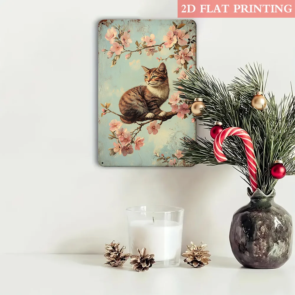 Vintage Tabby Cat Cherry Blossom Metal Wall Sign 8x12in Turquoise Iron Shabby Chic Decor For Cat Lovers Indoor Outdoor