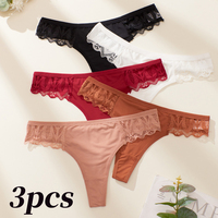 3pcs/set women's sexy lace thong, silky ice silk, comfortable and breathable solid color popular T-back, skin friendly and soft