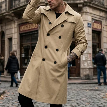 Men's Windbreaker Thin Double Breasted Windbreaker Streetwear Outdoor Casual Long Windbreaker Knee-length Jacket for Man