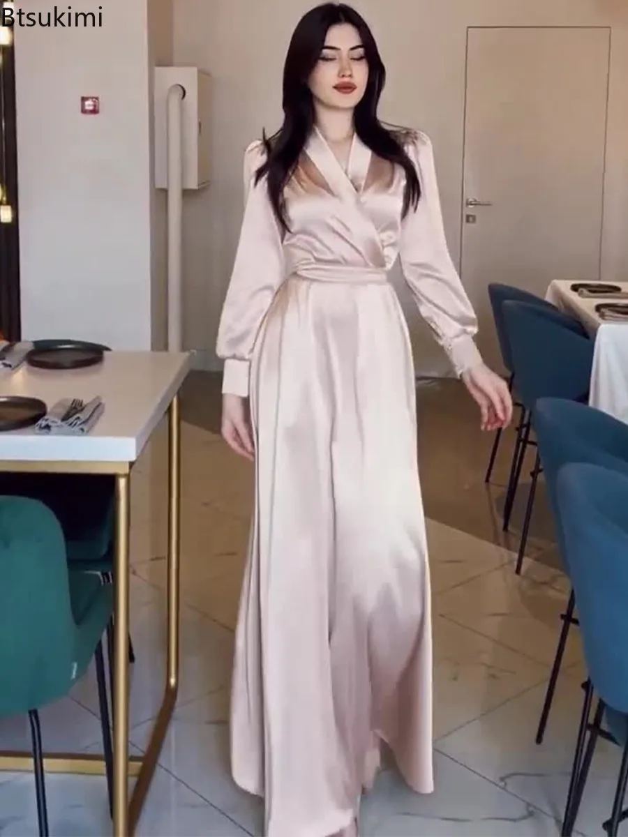 Wiosenna Nowa Damska Sukienka Satynowa z Długim Rękawem i Dekoltem w Serek Moda Muzułmańska Abaje Dubaj Arabski Szata Maroko Turcja Skromny Kaftan Suknie Wieczorowe