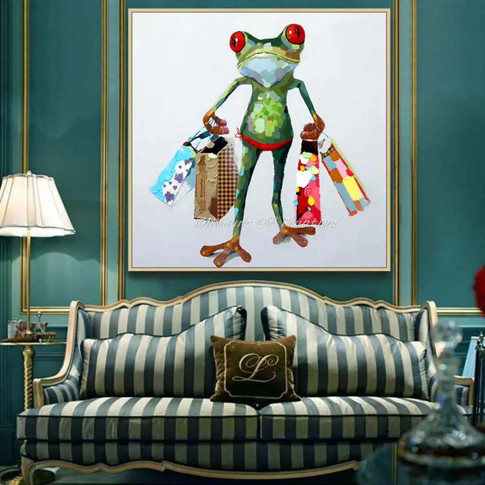 Mintura Handpainted Fashion Shopping Frog Animal Oil Painting Modern Abstract Pop Art Wall Picture for Kids Room Home Decoration