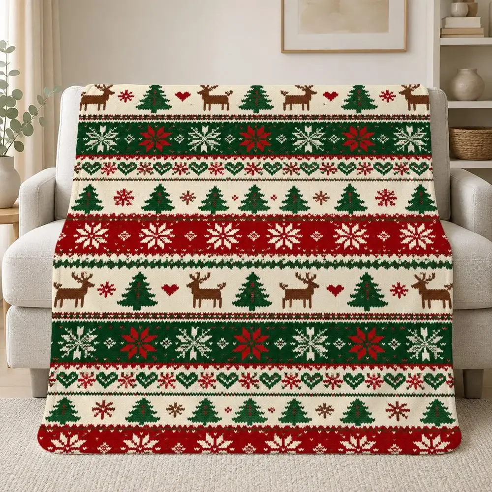 Vintage Christmas Holiday Pattern Vintage Christmas Fair Isle Knit Reindeer Pine Pattern Throw Soft Plush Flannel Throw Blanket
