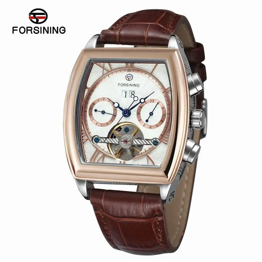 Fashion Men's Forsining Top Brand Leisure Bucket Shaped Tourbillon Fully Automatic Mechanical Calendar Multifunctional Watches