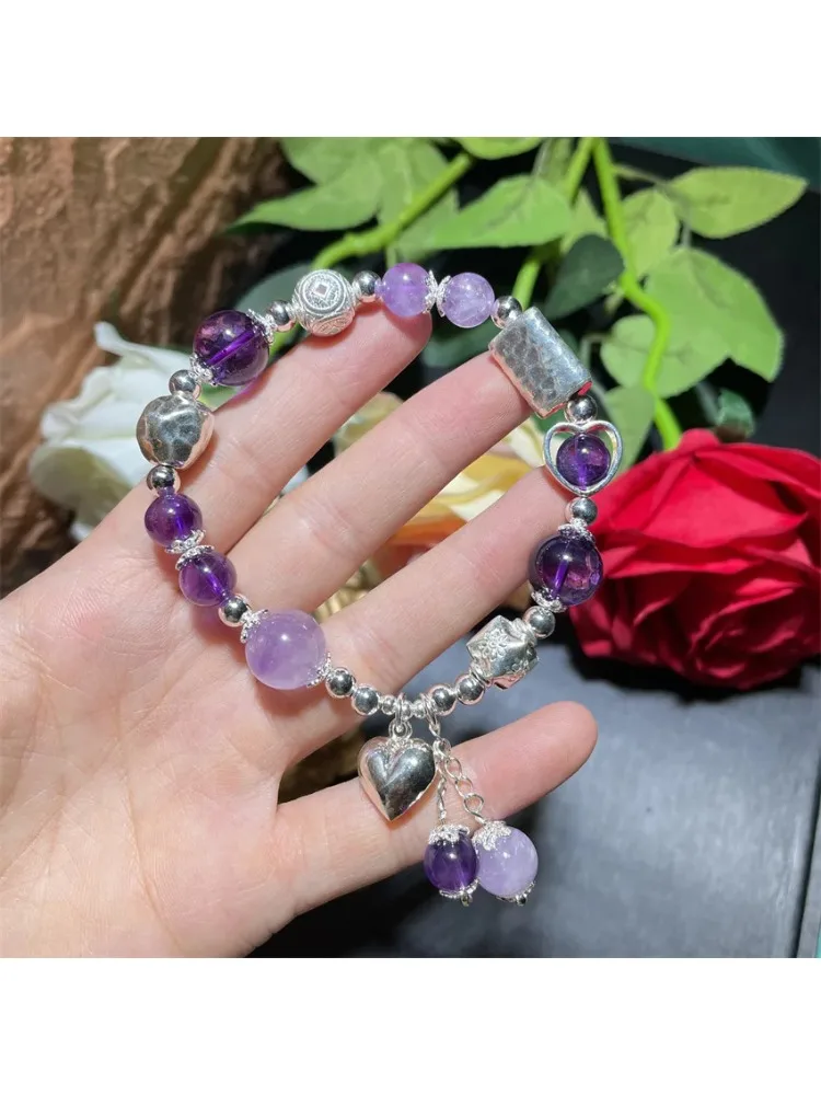 민족 구슬 925 스털링 실버 여성 팔찌 쥬얼리 레트로 자수정 술 심장 매력 팔찌 새해 선물