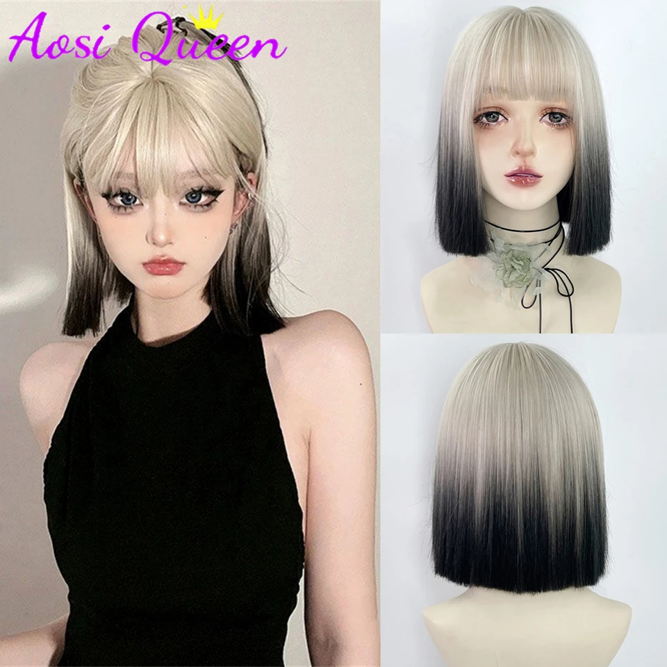 AOSI Paris Painted Short Straight Hair Wig For Women Platinum Gradient Black Lolita Halloween Shoulder-length Short Hair