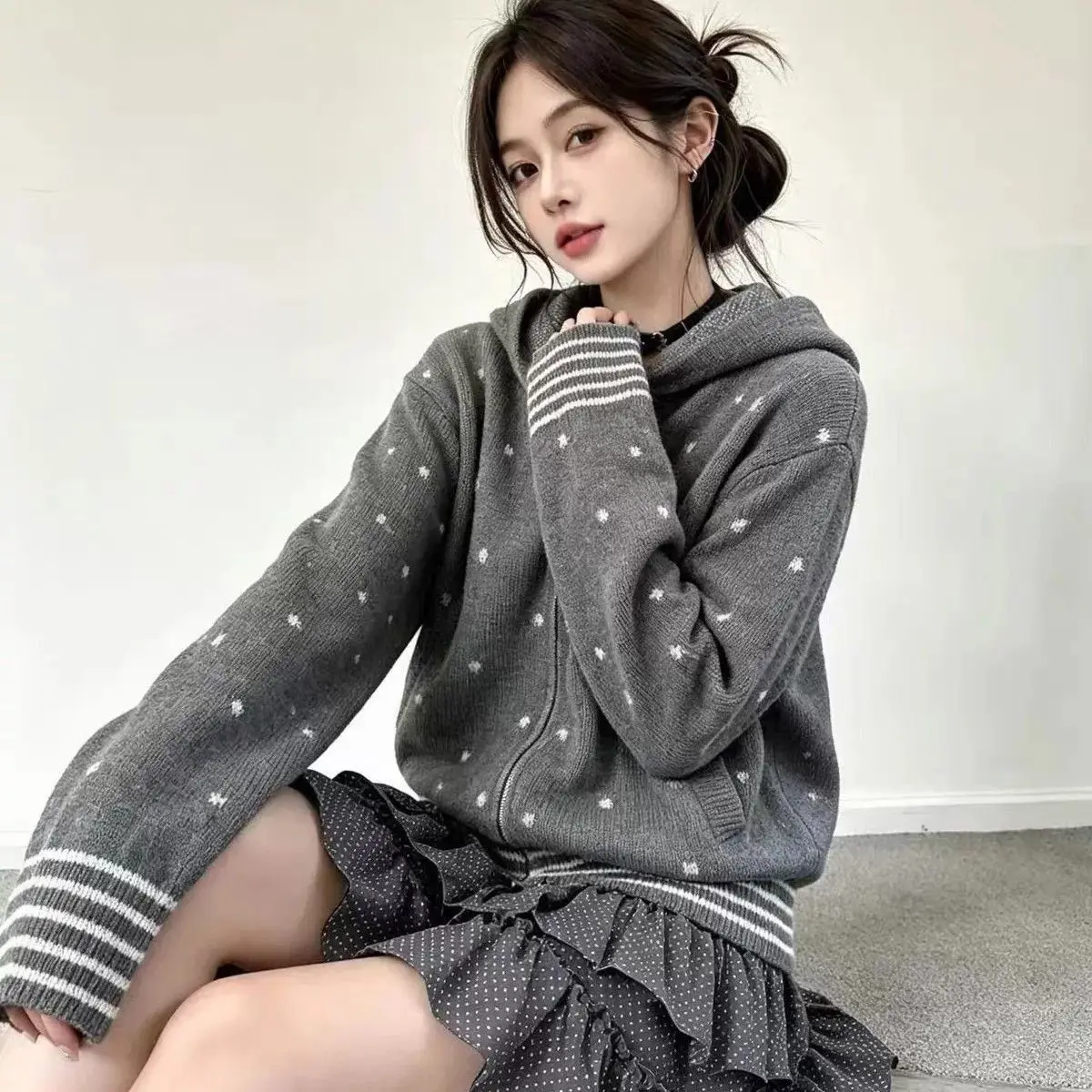 Y2k American Vintage Zip Up Hoodies 2000s Subculture Gothic Cardigan Women Japan Harajuku Casual Dot Streetwear Autumn Coats