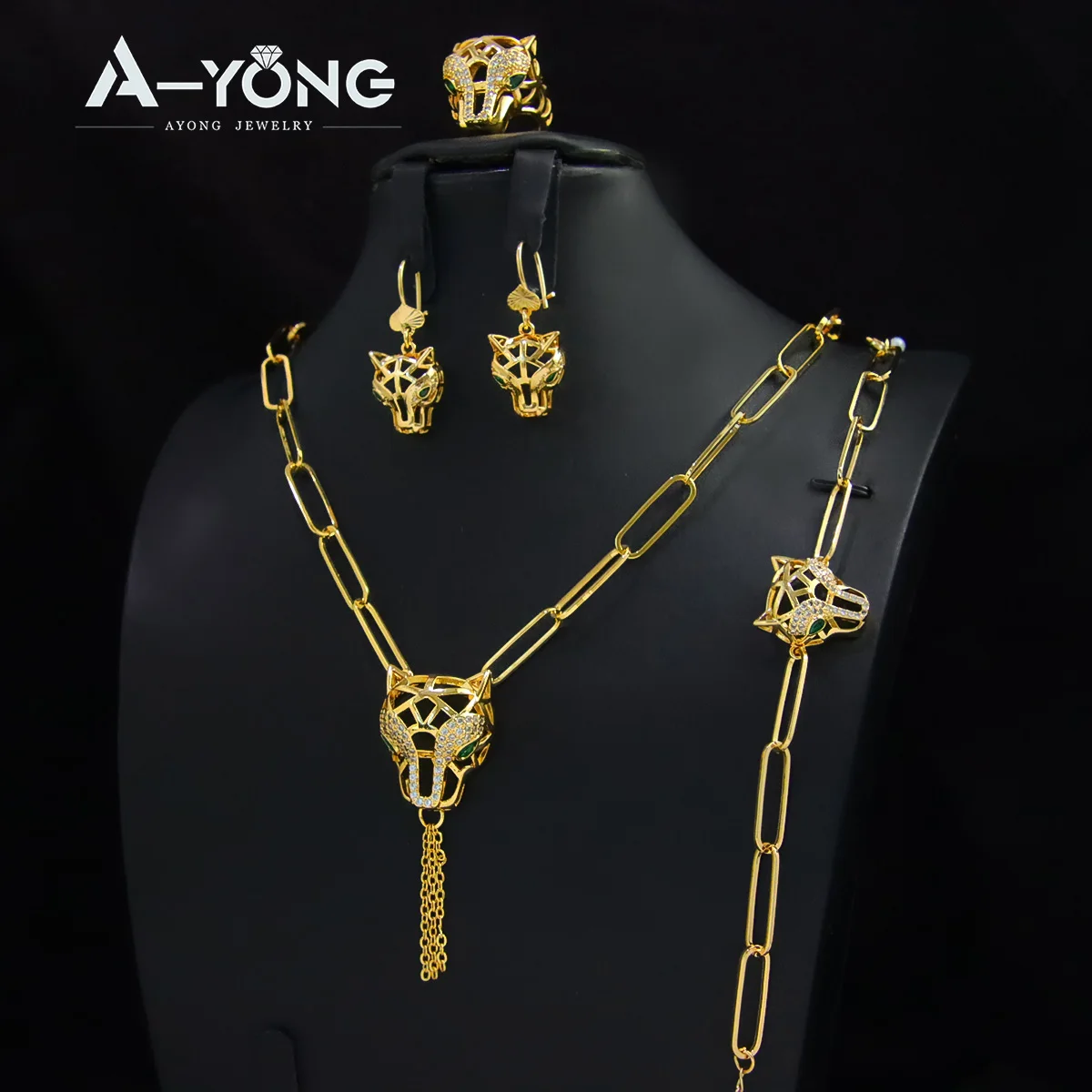 Fashion Hip Hop Leopard Head Jewelry Set 21k Gold Plated Italian Punk Zirconia Panther Necklace Arabic Women Vintage Jewelrys