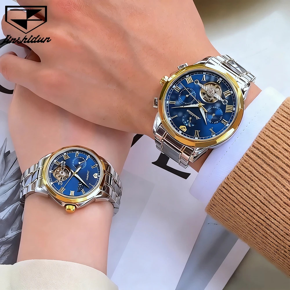 JSDUN Couple Watches Top Brand Luxury Fashion Tungsten Steel Strap Original Automatic Mechanical Wristwatch Moon Phase Date 8937