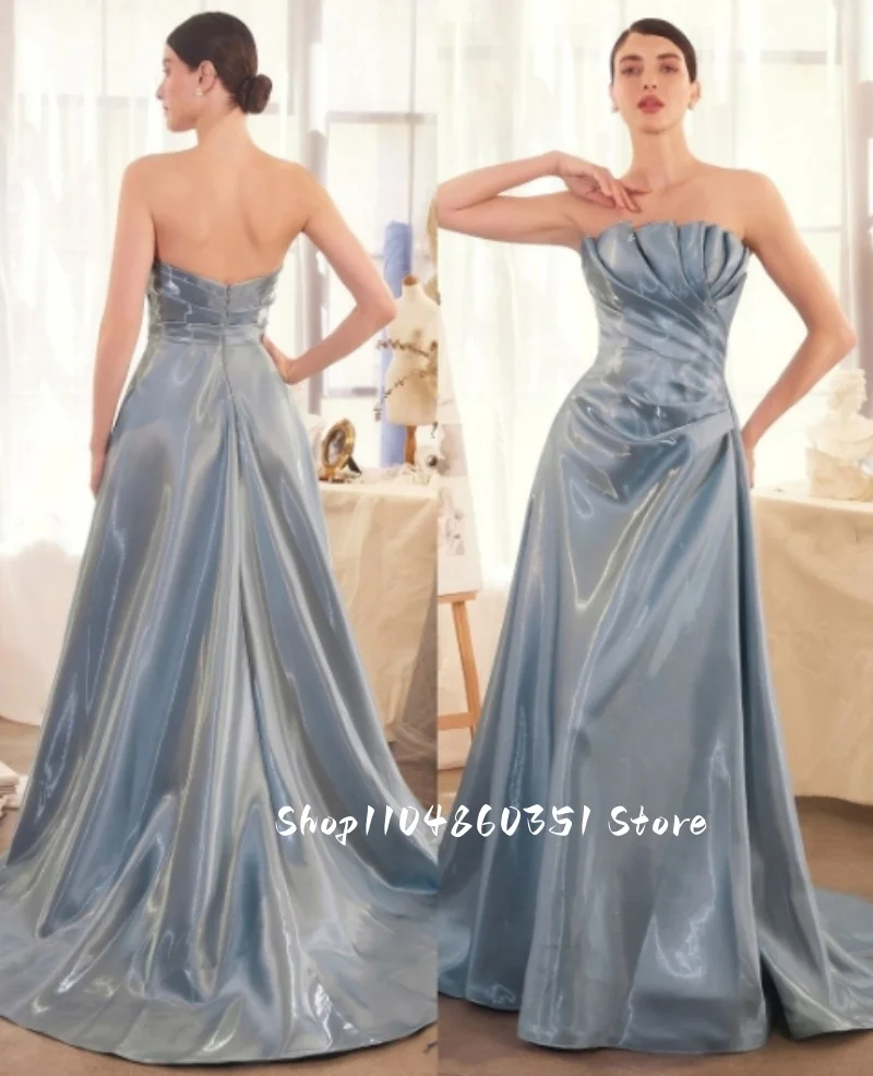 Gaun Prom Biru Cair Gaun Malam Elegan A-Line Tanpa Tali Ruched Pakaian Acara Pesta Formal Khusus