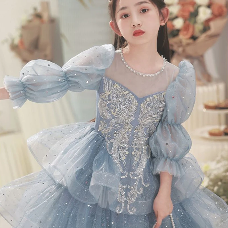 Children\'s Evening Dress Blue Girl Princess Dress Small Host Light Luxury Long-sleeved Catwalk Girl Performance ClothingHigh-end