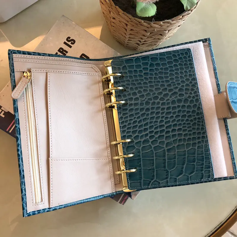 Yiwi Blue Pocket Size Rings Planner Genuine Crocodile Pattern Leather A6 Notebook Agenda Organizer Diary Sketchbook