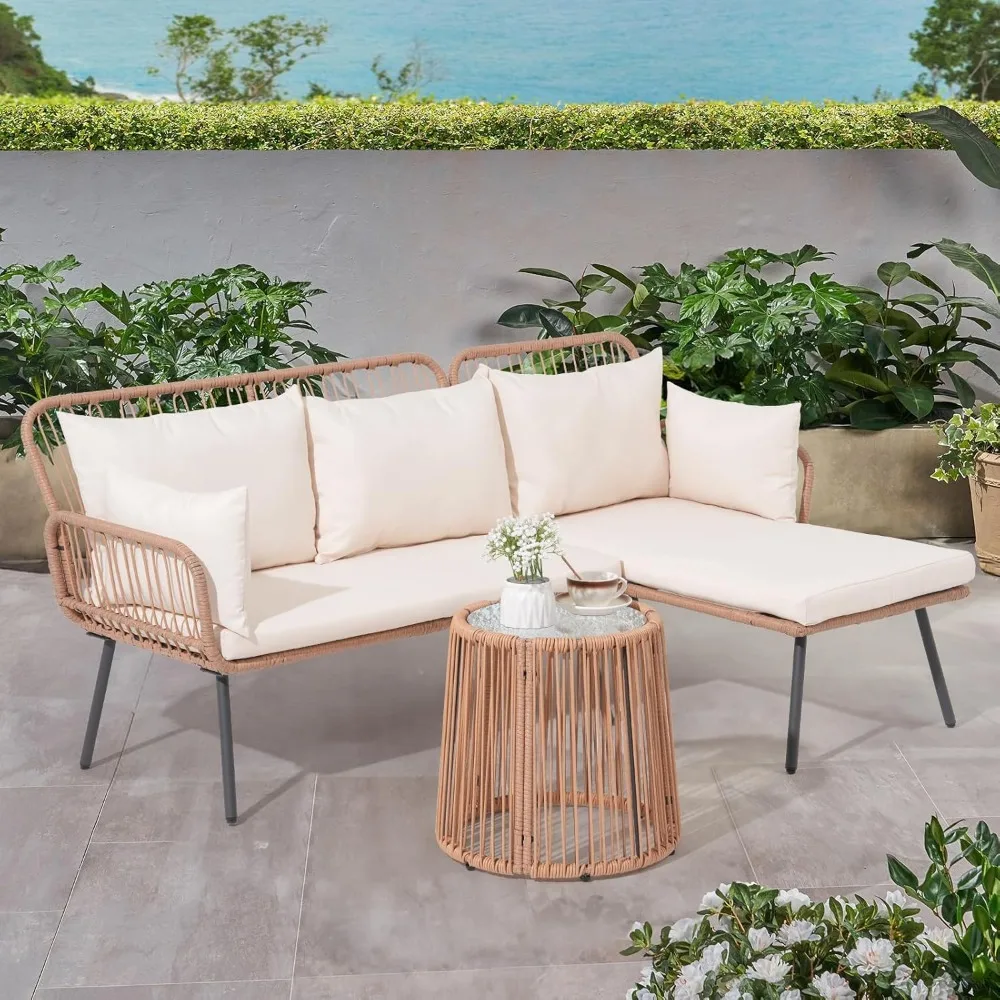 

​​3-Piece Outdoor Sectional Set – L-Shaped PE Rattan Sofa, All-Weather Patio Conversation Set​
