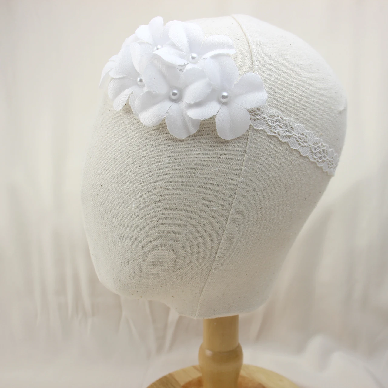 0-3Y Newborn Satin Flower Lace Headband Baby Girls White Floral Pearl Turban Infant Princess Dresses Headwear Baby Photo Prop